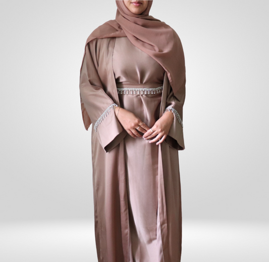 Taupe Crystals Embellished Abaya Set